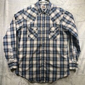 Ely Cattleman Shirt Men Size LT Blue Plaid Pearl Snap Western Cowboy Rodeo FLAWS
